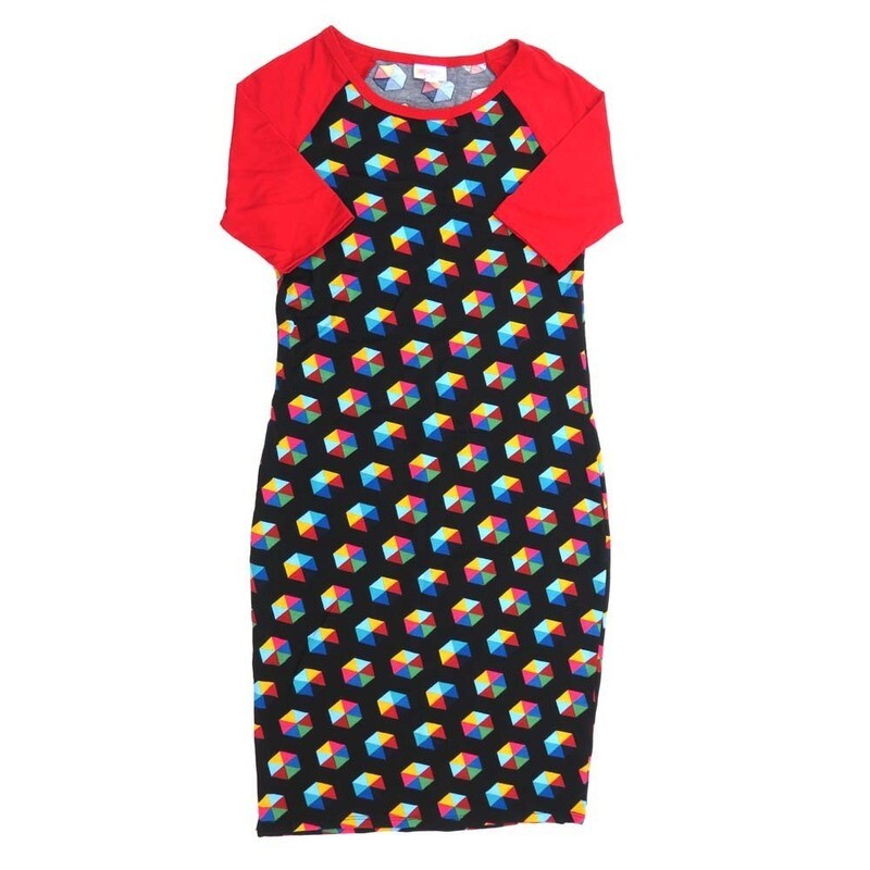 LuLaRoe JULIA b X-Small (XS) Polka Dot Rainbow Hexagons Black Red Form fitting Knee Length Dress fits Womens sizes 2-4  XS-222