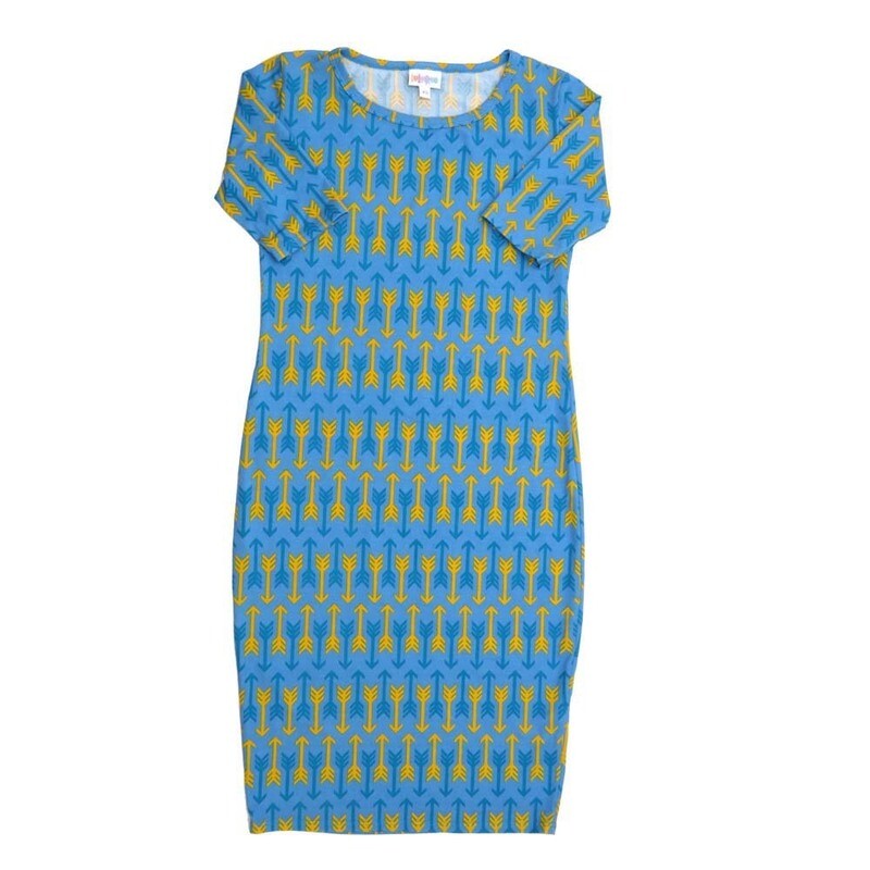 LuLaRoe JULIA b X-Small (XS) Arrows Strips Blue Yellow Form fitting Knee Length Dress fits Womens sizes 2-4  XS-221