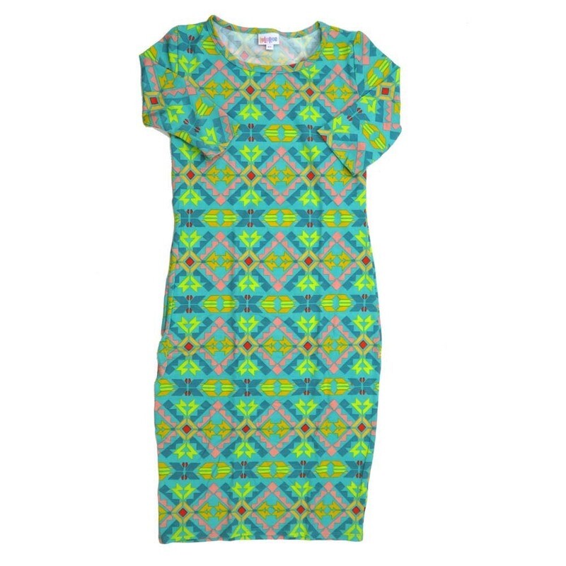 LuLaRoe JULIA b X-Small (XS) Geometric Gods Eye Gray Yellow Green Form fitting Knee Length Dress fits Womens sizes 2-4  XS-220