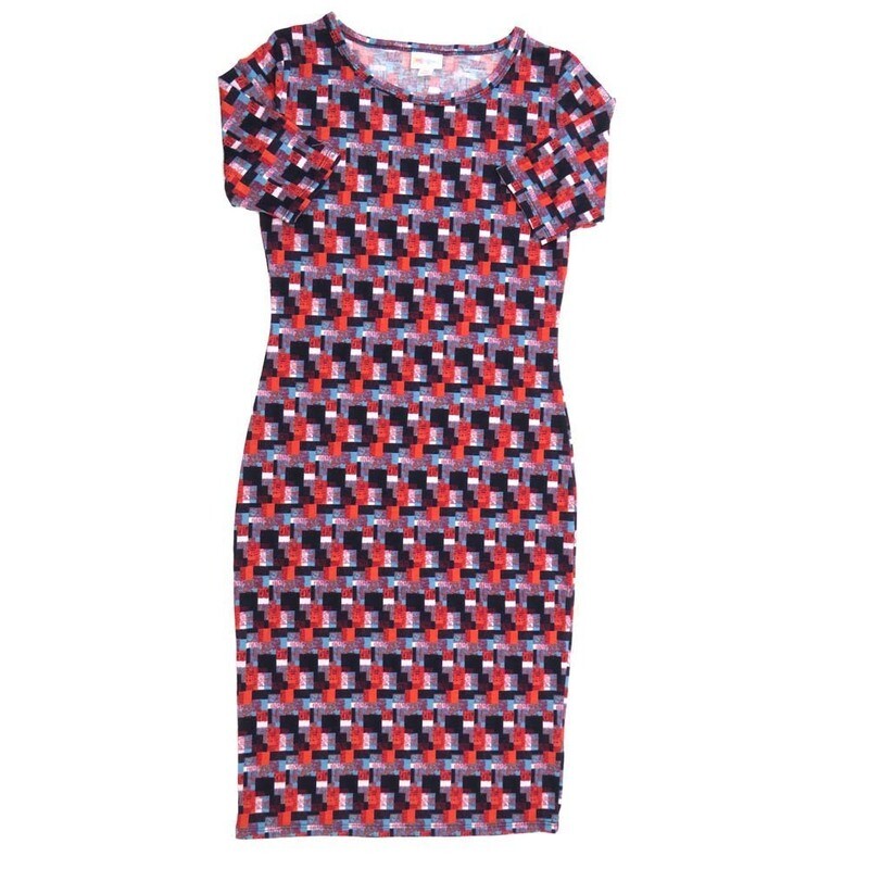 LuLaRoe JULIA b X-Small (XS) Geometric Blue Black White Red Form fitting Knee Length Dress fits Womens sizes 2-4  XS-219