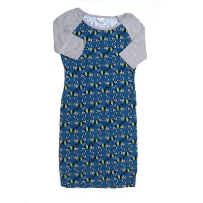 LuLaRoe JULIA b X-Small (XS) Zig Zag Stripe Blue Green Gray Form fitting Knee Length Dress fits Womens sizes 2-4 XS-217