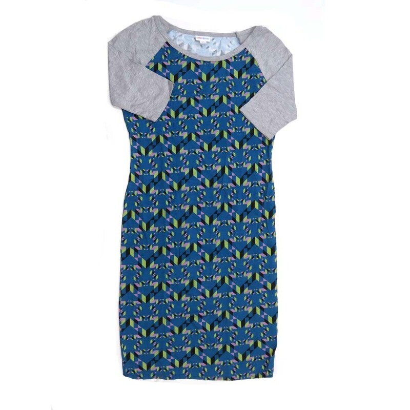 LuLaRoe JULIA b X-Small (XS) Zig Zag Stripe Blue Green Gray Form fitting Knee Length Dress fits Womens sizes 2-4  XS-217
