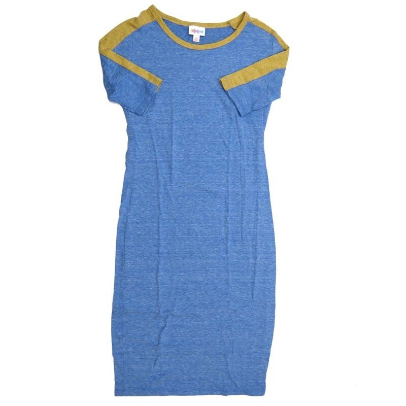 LuLaRoe JULIA b X-Small (XS) Solid Heathered Blue with Green Accents Form fitting Knee Length Dress fits Womens sizes 2-4  XS-207