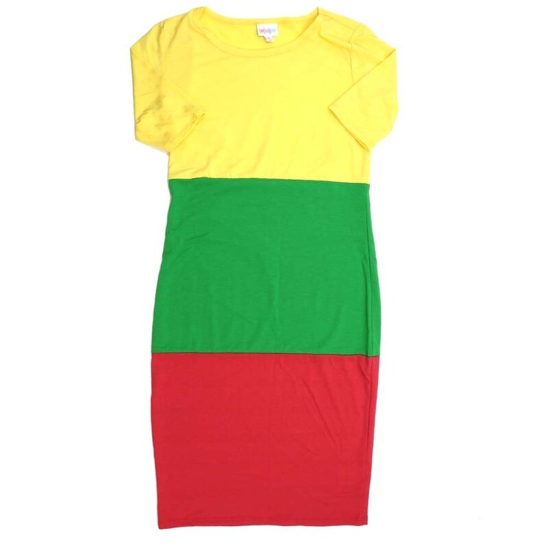 LuLaRoe JULIA b X-Small (XS) Solid Tri Color Yellow Green Red Form fitting Knee Length Dress fits Womens sizes 2-4  XS-206