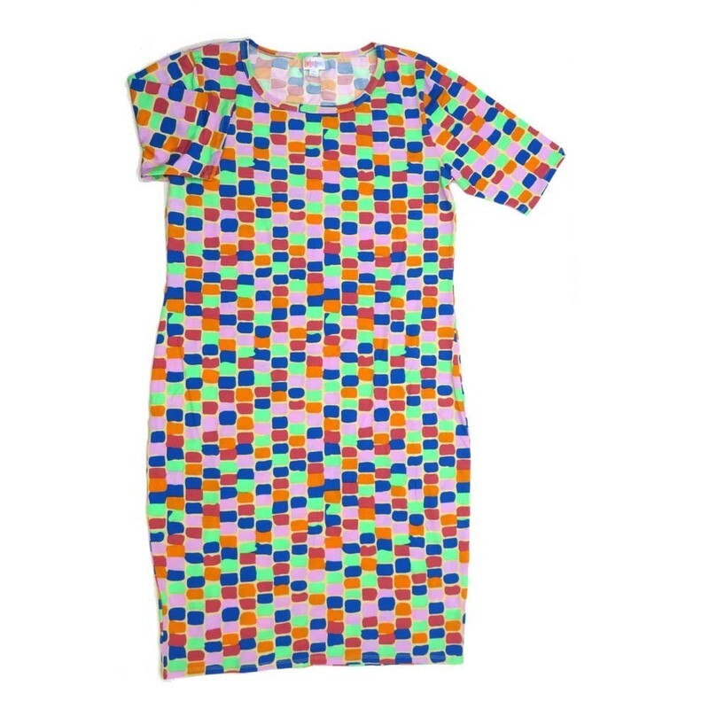 LuLaRoe JULIA f XX-Large (2XL) Geometric Rainbow Squares Form fitting Knee Length Dress fits Womens sizes 20-22  2XL-206