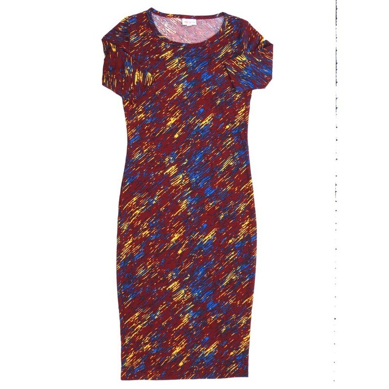 LuLaRoe JULIA a XX-Small (XXS) Abstract Diagonal Stripe Black Blue Yellow Red Green Form fitting Knee Length Dress fits Womens sizes 00-0  XXS-237