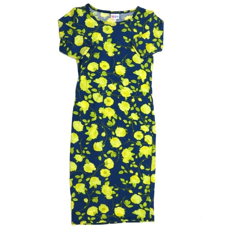 LuLaRoe JULIA a XX-Small (XXS) Roses Slate Blue Yellow Green Form fitting Knee Length Dress fits Womens sizes 00-0  XXS-235