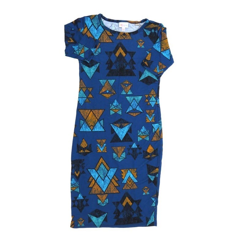 LuLaRoe JULIA a XX-Small (XXS) Geometric Blue Black Green Form fitting Knee Length Dress fits Womens sizes 00-0  XXS-224