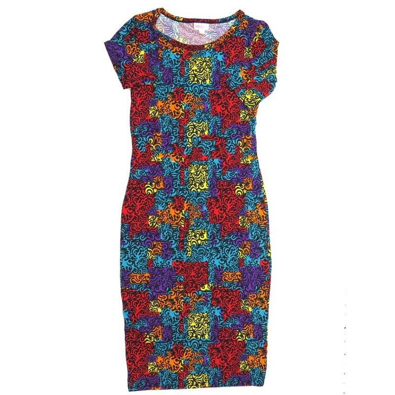 LuLaRoe JULIA a XX-Small (XXS) Patchwork Trippy Psychedelic 70s Black Red Yellow Blue Form fitting Knee Length Dress fits Womens sizes 00-0  XXS-222