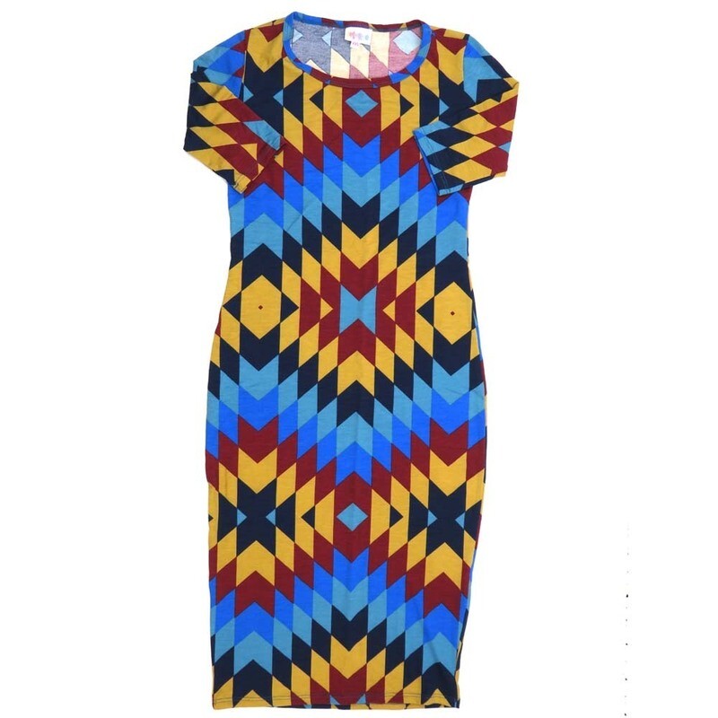LuLaRoe JULIA a XX-Small (XXS) Geometric Gods Eye Trippy Psychedelic 70s Black Red Green Blue Form fitting Knee Length Dress fits Womens sizes 00-0  XXS-223