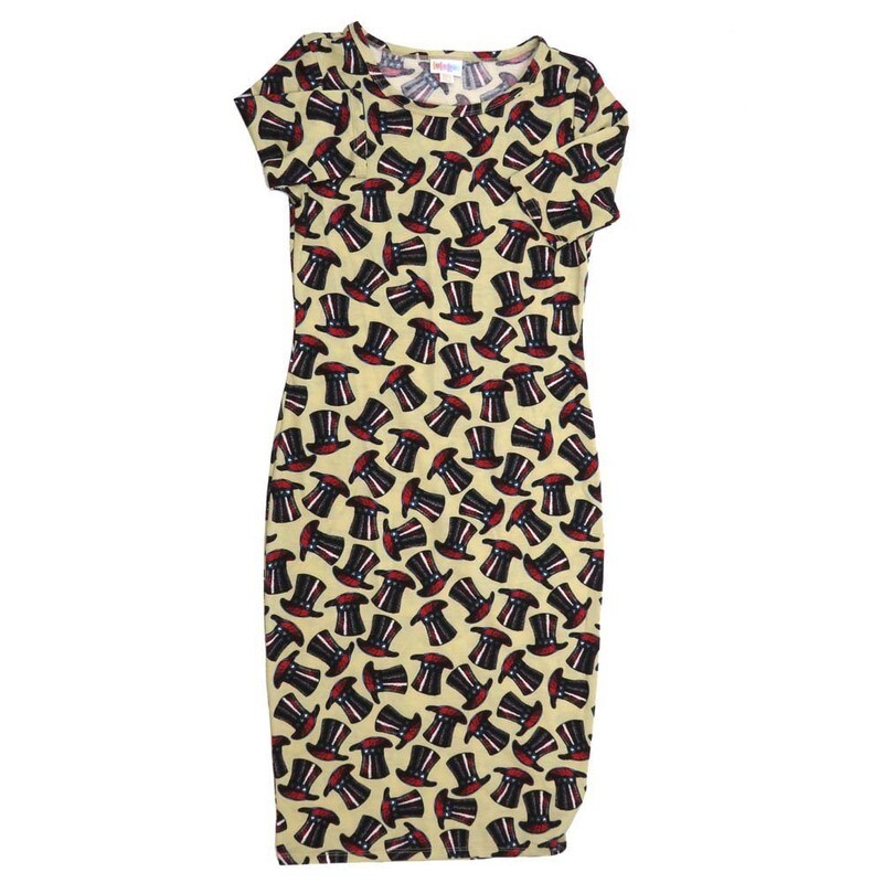 LuLaRoe JULIA a XX-Small (XXS) Americana USA Uncle Sam Top Hat Yellow Red Blue White Black Form fitting Knee Length Dress fits Womens sizes 00-0  XXS-217