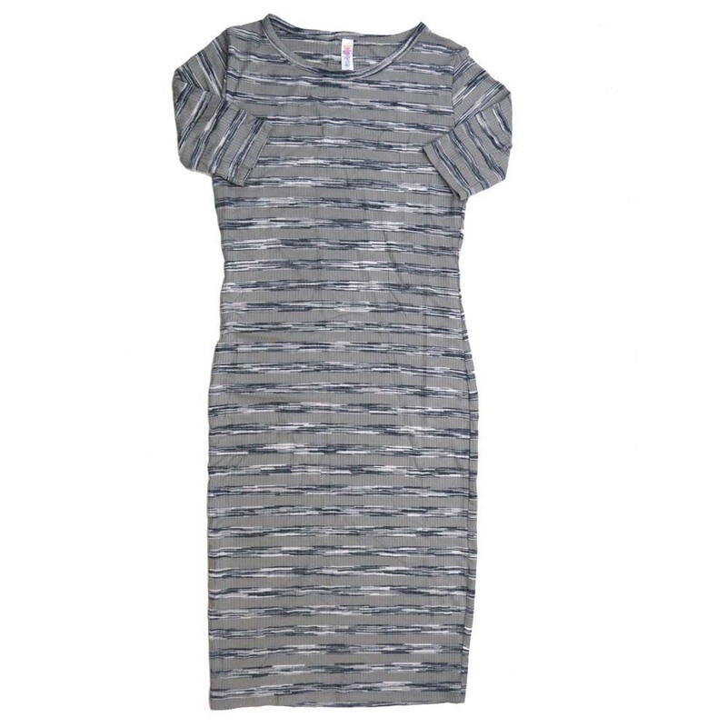 LuLaRoe JULIA a XX-Small (XXS) Stripe Gray Blue Ribbed White Form fitting Knee Length Dress fits Womens sizes 00-0  XXS-216