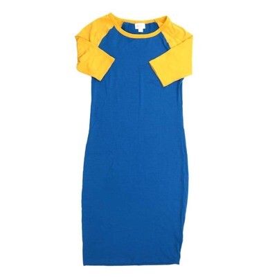 LuLaRoe JULIA a XX-Small (XXS) Solid Blue with Yellow Form fitting Knee Length Dress fits Womens sizes 00-0 XXS-206