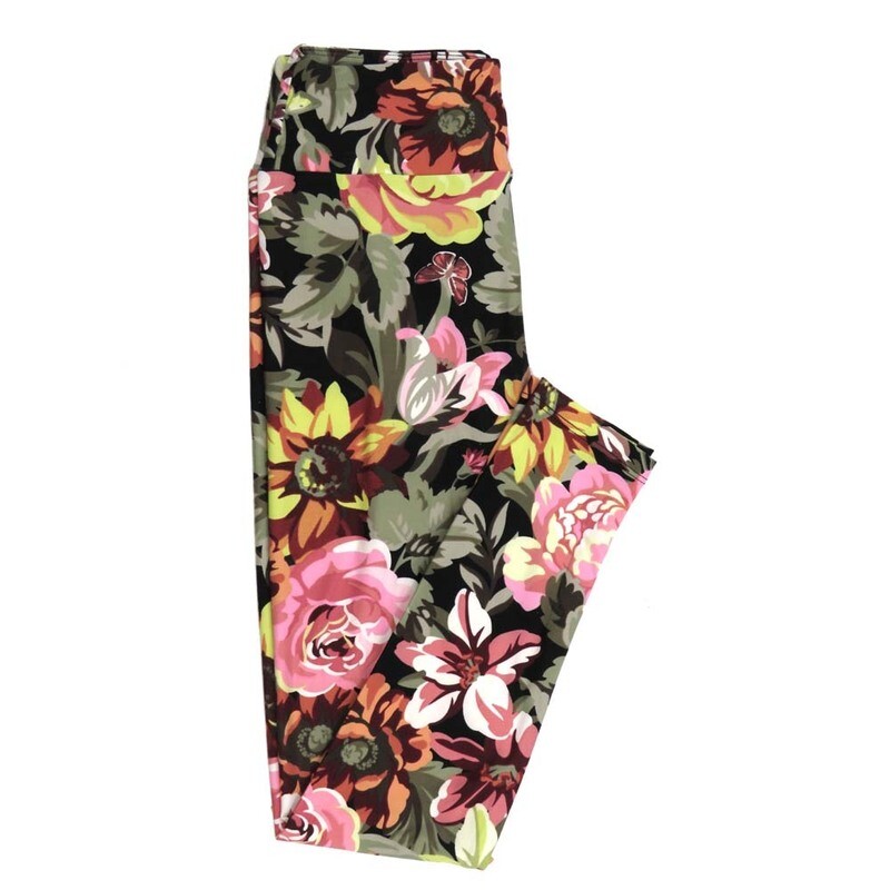 LuLaRoe One Size OS Roses Lilies Floral Butterfllies Black Green Pink Yellow White Leggings fits Adult Women sizes 2-10  4471-C2