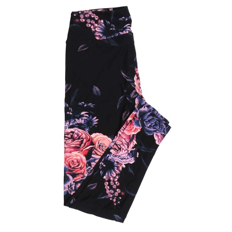 LuLaRoe One Size OS Roses Floral Black Pink Gray Leggings fits Adult Women sizes 2-10  4471-B6