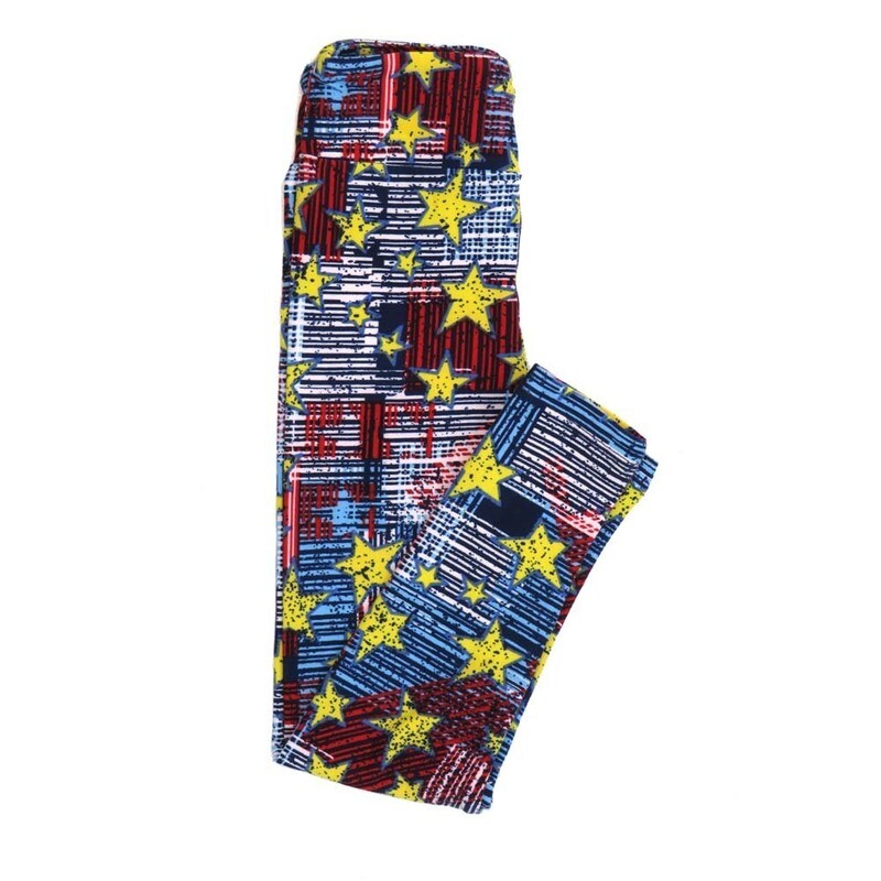 LuLaRoe Kids Sm-Med S/M Americana USA Stars &amp; Stripes Red White Blue Blue Black  Yellow Leggings fits kids sizes 2-6  1344-E