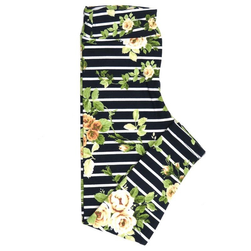 LuLaRoe Kids Sm-Med S/M Roses Stripes Black White Yellow Green Leggings fits kids sizes 2-6  1507-E8-946154