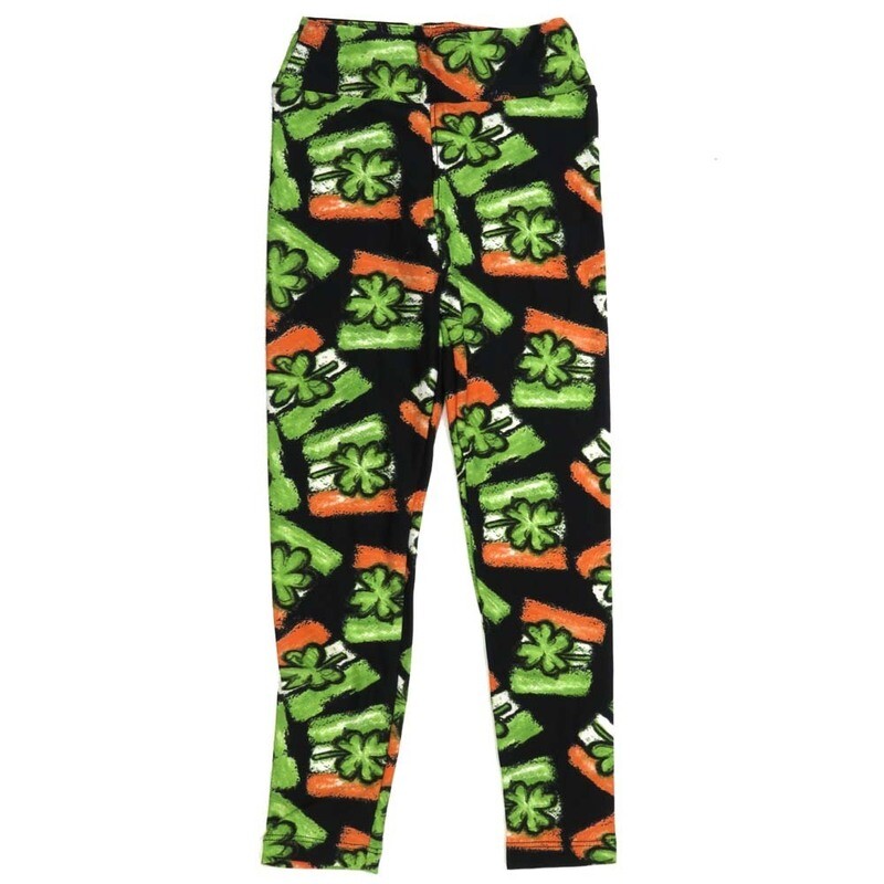 LuLaRoe Kids Sm-Med S/M Lucky Irish Shamrocks Flag Black Green Ireland Buttery Soft Leggings fits sizes 2-6  1343-N