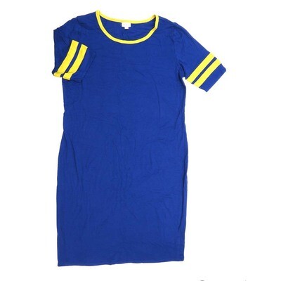 LuLaRoe JULIA h XXX-Large (3XL) Solid Blue with Yellow Sleeve Stripes and Trim Form fitting Knee Length Dress fits Womens sizes 24-26 3XL-203