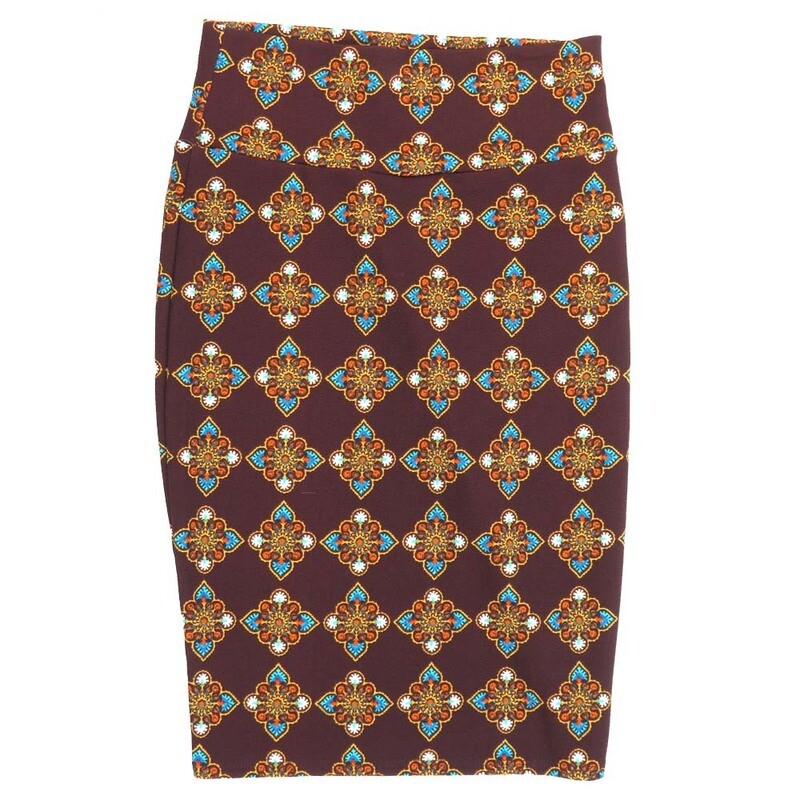 LuLaRoe Cassie b X-Small XS Mandalas Burgundy Blue White Womens Knee Length Pencil Skirt fits sizes 2-4  XS-203