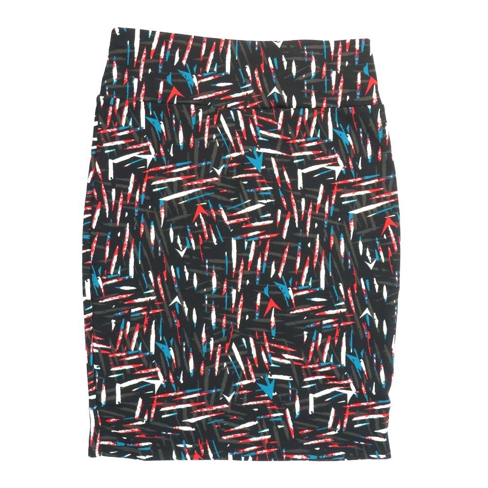 LuLaRoe Cassie e Large L Geometric Stripe Black Red White Blue Womens Knee Length Pencil Skirt fits sizes 14-16  LARGE-215-C