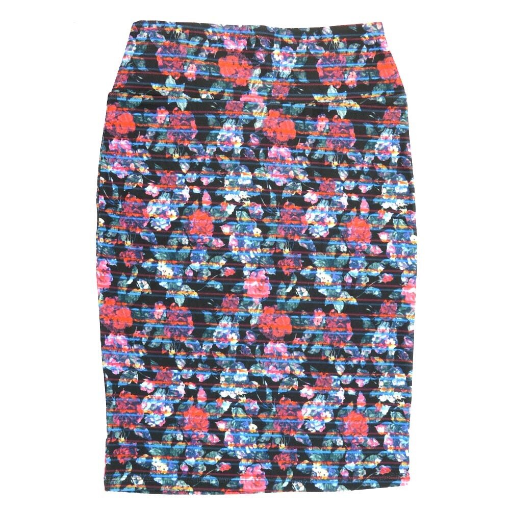 LuLaRoe Cassie c Small S Floral Stripe Roses Black Red Pink Blue Womens Knee Length Pencil Skirt fits sizes 6-8 SMALL-214-B