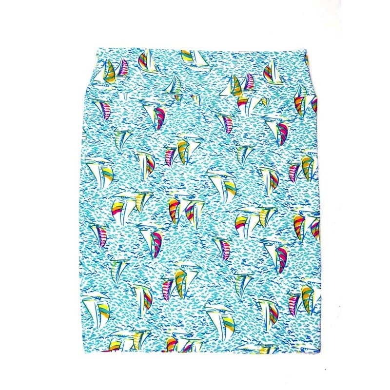 LuLaRoe Cassie h XXX-Large 3XL Sailboats Waves Blue Gray White Yellow Green Womens Knee Length Pencil Skirt fits sizes 24-26  3XL-248-C
