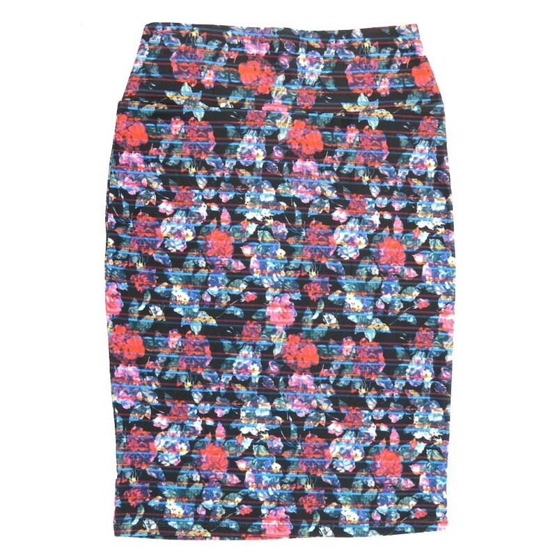 LuLaRoe Cassie c Small S Floral Stripe Roses Black Red Pink Blue Womens Knee Length Pencil Skirt fits sizes 6-8  SMALL-214-B