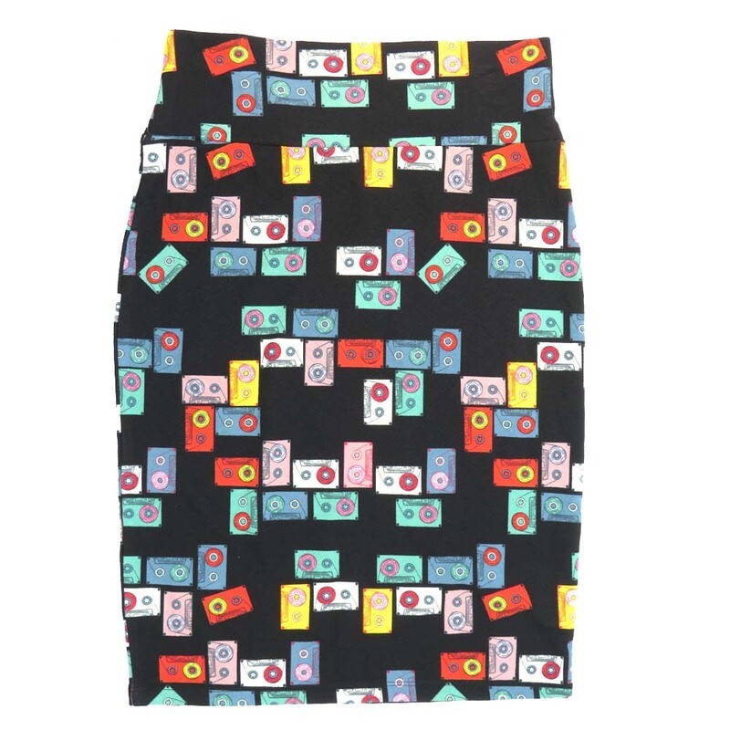 LuLaRoe Cassie d Medium M Cassette Tapes Old School Black Blue Red Yellow Teal Womens Knee Length Pencil Skirt fits sizes 10-12  MEDIUM-218