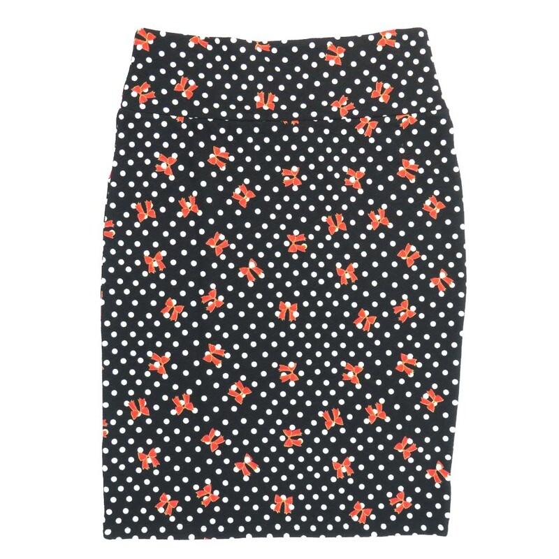 LuLaRoe Cassie e Large L Polka Dot Ribbons Black White Red Womens Knee Length Pencil Skirt fits sizes 14-16  LARGE-211