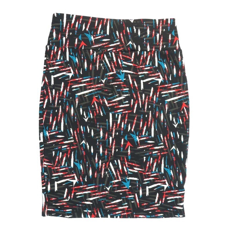 LuLaRoe Cassie e Large L Geometric Stripe Black Red White Blue Womens Knee Length Pencil Skirt fits sizes 14-16  LARGE-215-C