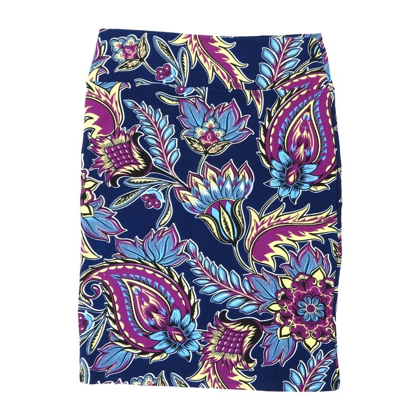 LuLaRoe Cassie e Large L Paisley Floral Navy Light Blue Purple Yellow Womens Knee Length Pencil Skirt fits sizes 14-16  LARGE-222-B