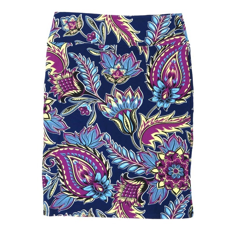 LuLaRoe Cassie f X-Large XL Paisley Floral Navy Light Blue Pink Yellow Womens Knee Length Pencil Skirt fits sizes 18-20  XL-267-F