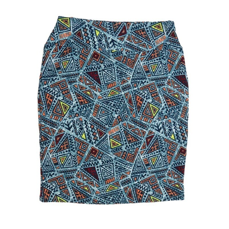 LuLaRoe Cassie f X-Large XL Triangle Chevron Trippy Geometric Light Blue Peach Yellow Womens Knee Length Pencil Skirt fits sizes 18-20  XL-231
