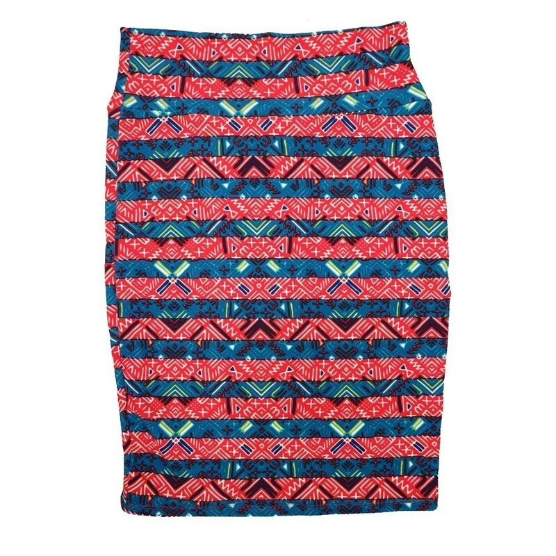 LuLaRoe Cassie c Small S Light Blue Red cream Geometric Womens Knee Length Pencil Skirt fits sizes 6-8  SMALL-80