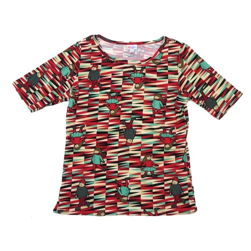 LuLaRoe GIGI Large L Christmas Holiday Ice Skaters Red Black White Gray Stripe Fitted Tee fits Women sizes 12-14 LARGE-201