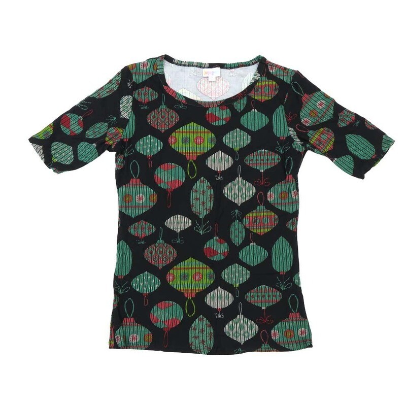 LuLaRoe GIGI Small S Christmas Ornament Black Red Green Stripe Fitted Tee fits Women sizes 4-6 SMALL-207