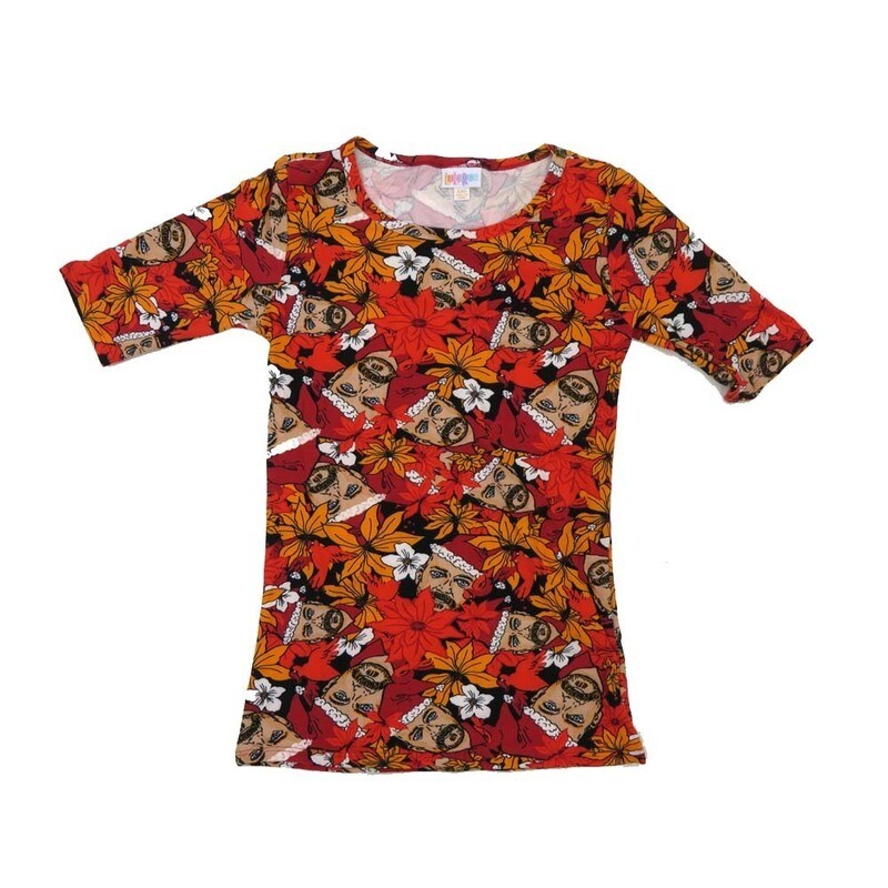 LuLaRoe GIGI XX-Small XXS Christmas Holiday Bearded Elf Poinsettia Red Black White Fitted Tee fits Women sizes 00-0 XXS-204