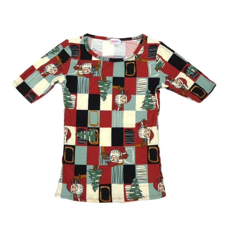 LuLaRoe GIGI XX-Small XXS Christmas Holiday Santa Claus Checkerboard Fitted Tee fits Women sizes 00-0 XXS-203