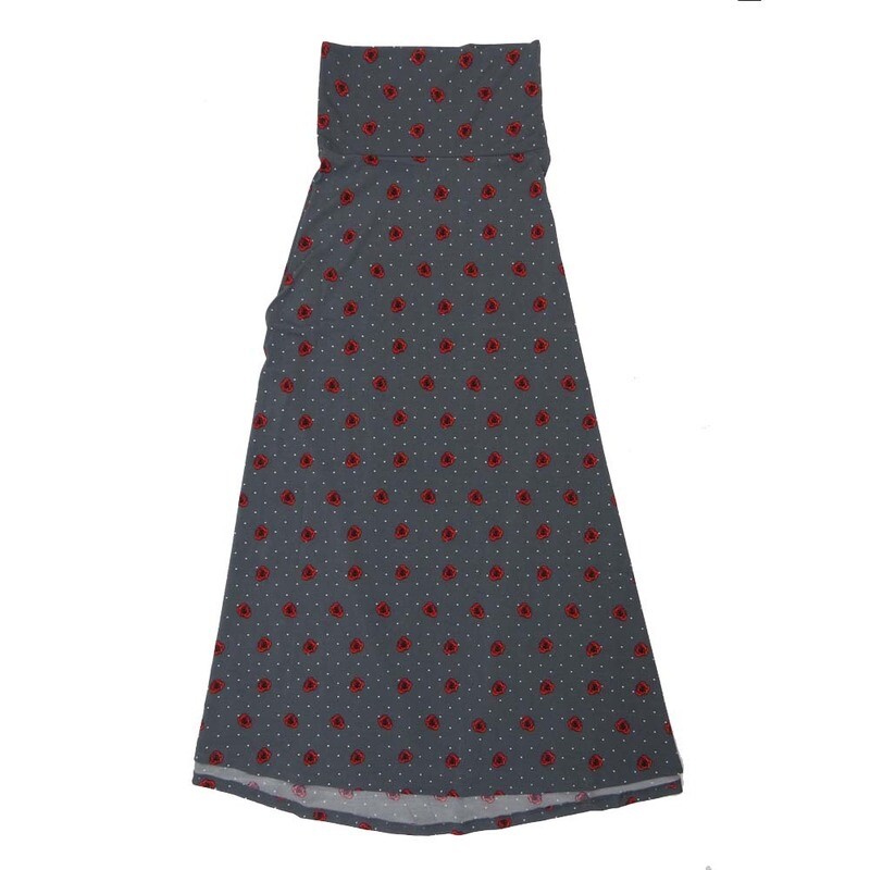 LuLaRoe Maxi a XX-Small XXS Roses Polka Dots Gray Red White A-Line Flowy Skirt fits Adult Women sizes 00-0  XXS-317.JPG