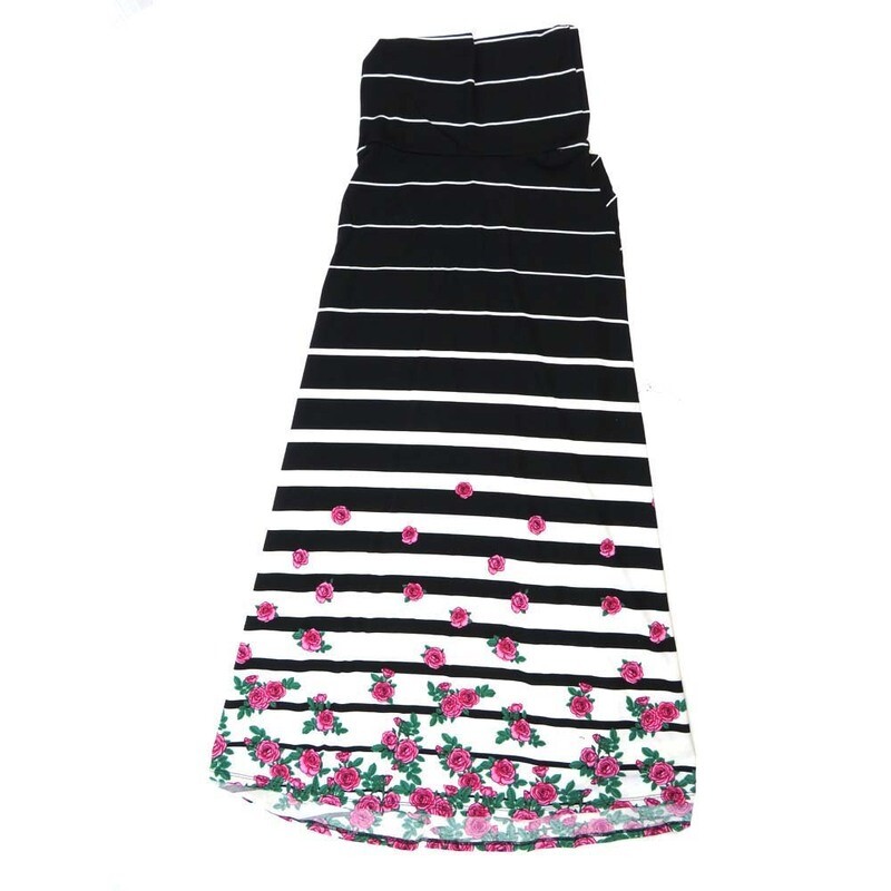 LuLaRoe Maxi a XX-Small XXS Stripe Floral Black White Pink A-Line Flowy Skirt fits Adult Women sizes 00-0  XXS-325.JPG