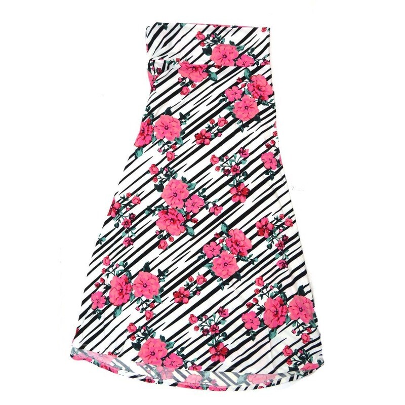 LuLaRoe Maxi e Large L Black White Floral Stripe Pink A-Line Flowy Skirt fits Adult Women sizes 14-16  LARGE-311-B.JPG