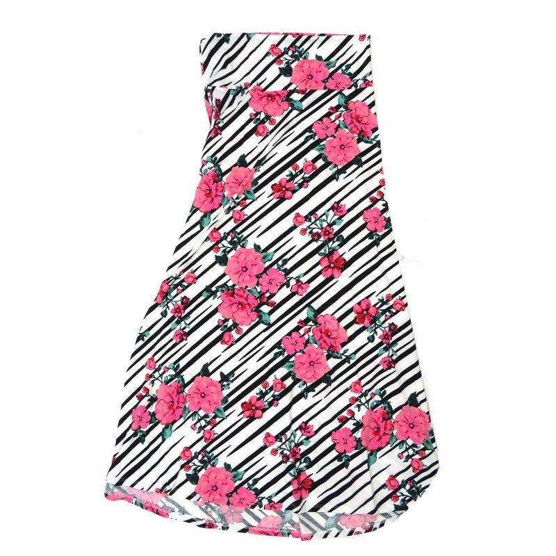 LuLaRoe Maxi d Medium M Floral Stripe Black White Pink A-Line Flowy Skirt fits Adult Women sizes 10-12  MEDIUM-206-317-B.JPG