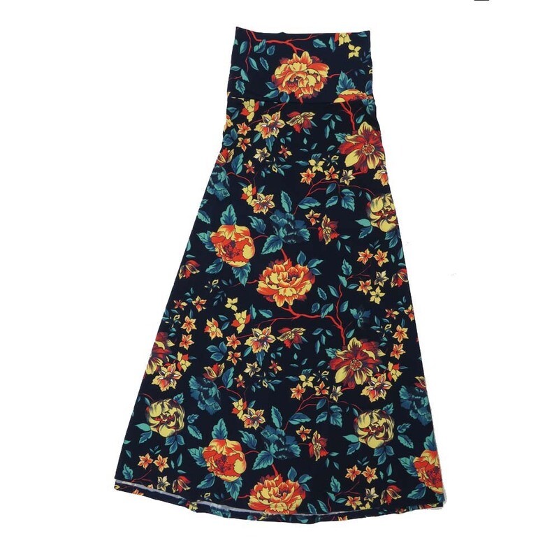 LuLaRoe Maxi g XX-Large 2XL Floral Navy Yellow Red Gray A-Line Flowy Skirt fits Adult Women sizes 22-24 2XL-303.JPG