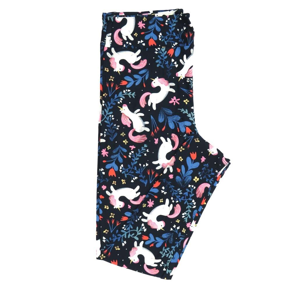 LuLaRoe Tall Curvy TC Unicorns Prancing Floral Black White Blue Gray Leggings fits Adult Women sizes 12-18 7078-G3