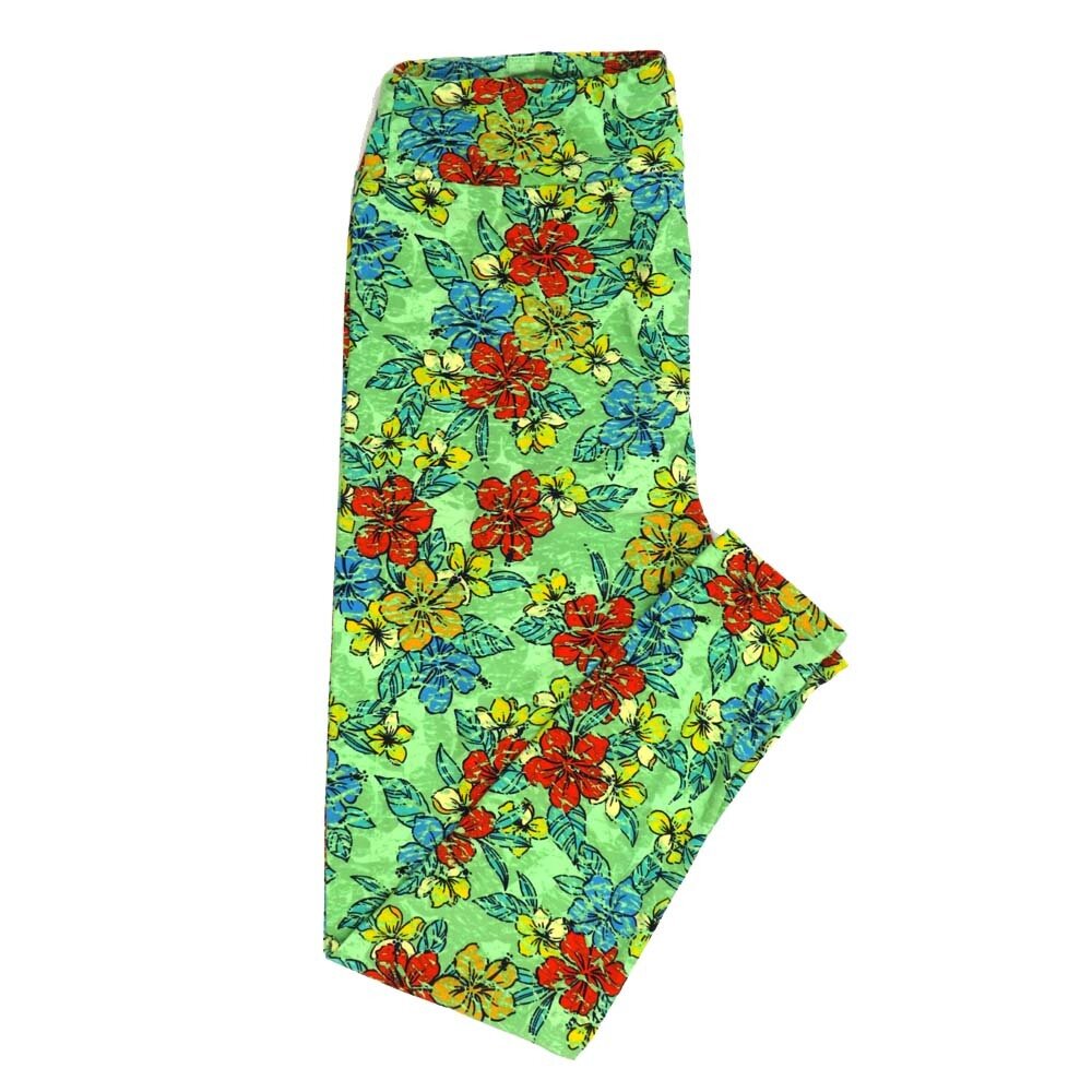 LuLaRoe Tall Curvy TC Floral Hibiscus Green Yellow Blue Red Leggings fits Adult Women sizes 12-18 7079-P