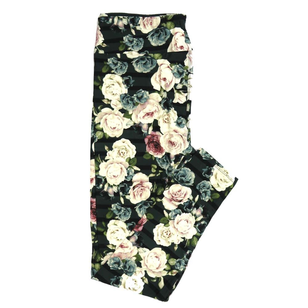 LuLaRoe Tall Curvy TC Roses Black Gray Pink Green White Stripe Leggings fits Adult Women sizes 12-18 7335-J2