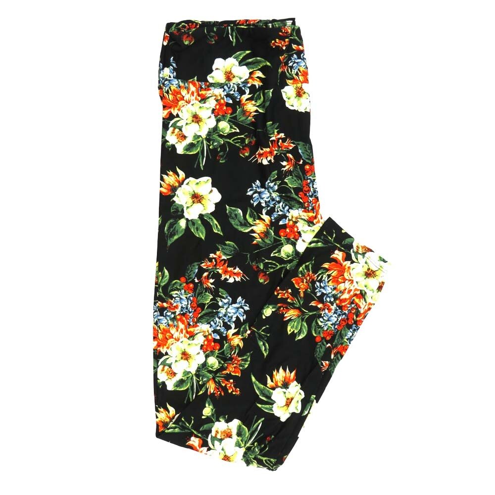 LuLaRoe Tall Curvy TC Hibiscus Floral Black Green Yellow White Leggings fits Adult Women sizes 12-18 7335-K