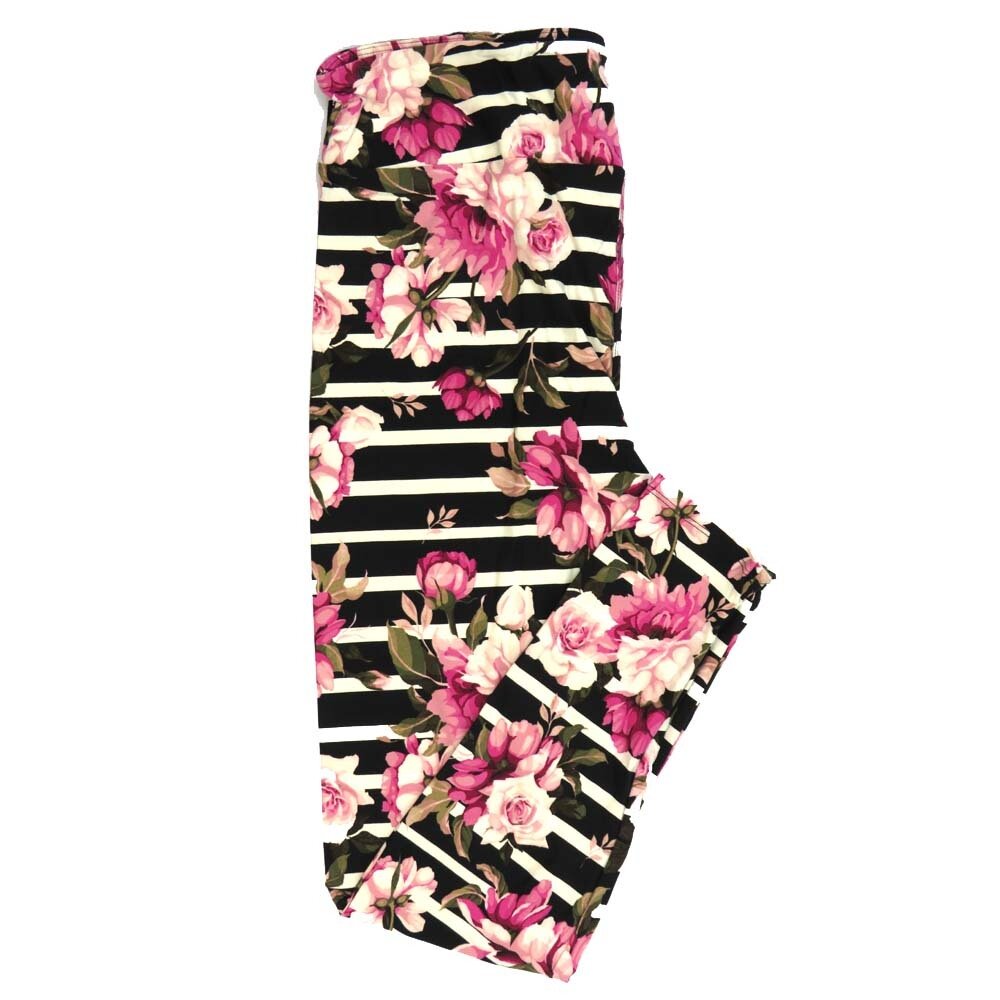 LuLaRoe Tall Curvy TC Roses Stripe Black White Pink Green Leggings fits Adult Women sizes 12-18 7335-M