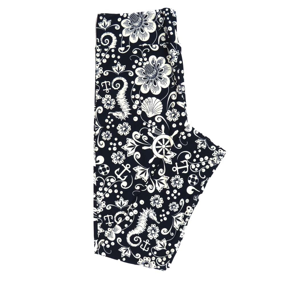 LuLaRoe Tall Curvy TC Nautical Seahorse Anchor Shells Bubbles Black White Leggings fits Adult Women sizes 12-18 7401-W